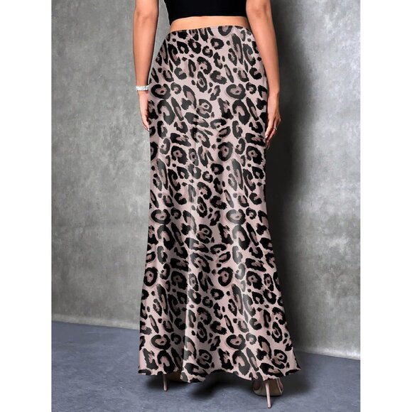 Women Leopard Maxi Dressy Casual Zipped High Waisted Silk Elegant Long Skirt - Picture 6 of 7
